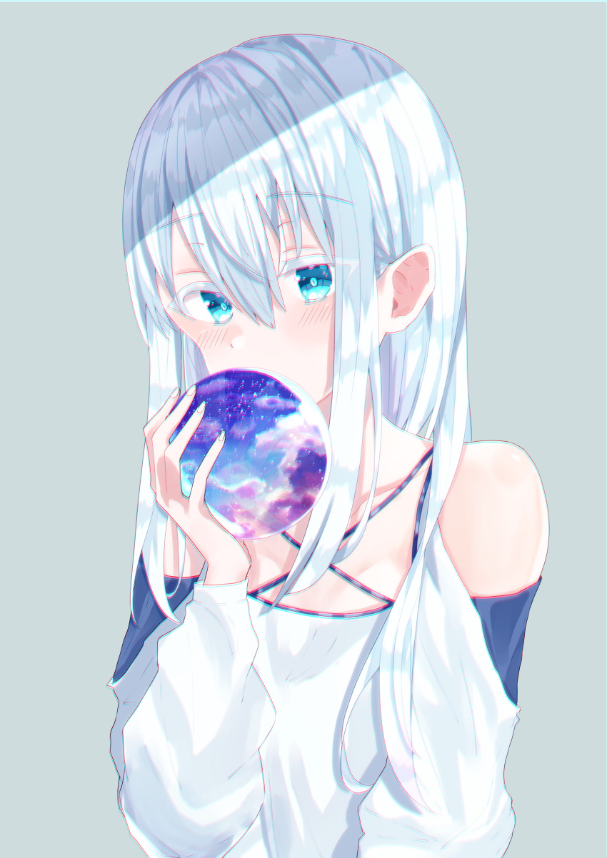 1girl absurdres albino aqua_eyes arm_up bangs bare_shoulders blush covered_mouth eyes_visible_through_hair flat_chest grey_background hair_between_eyes highres holding long_hair looking_at_viewer original sidelocks simple_background sinobi_illust sky upper_body white_hair white_theme