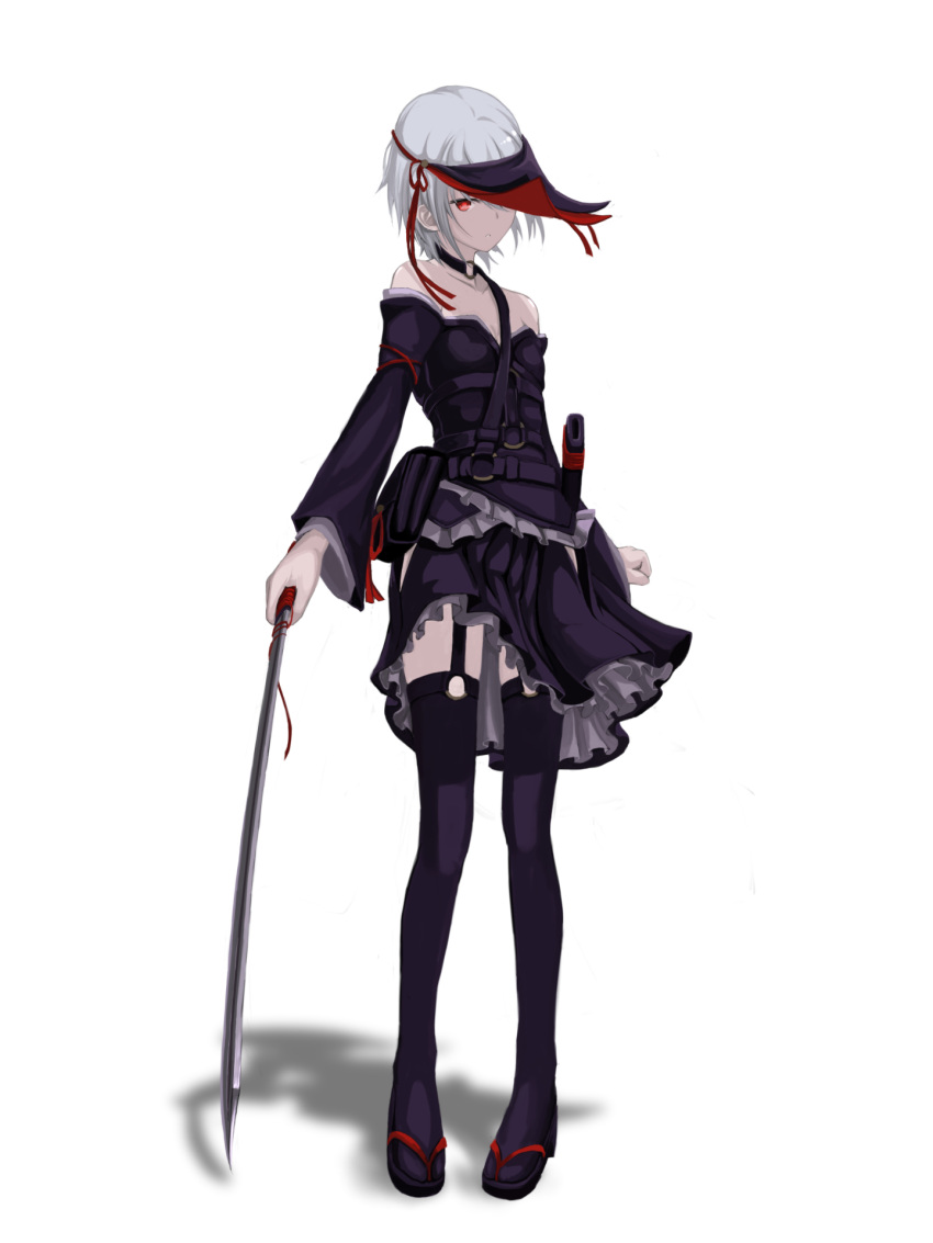 1girl bangs flat_chest frills full_body hair_ornament highres holding holding_sword holding_weapon katana looking_at_viewer mikisai one_eye_covered open_mouth original red_eyes red_ribbon ribbon short_hair simple_background solo sword thigh-highs weapon white_background white_hair