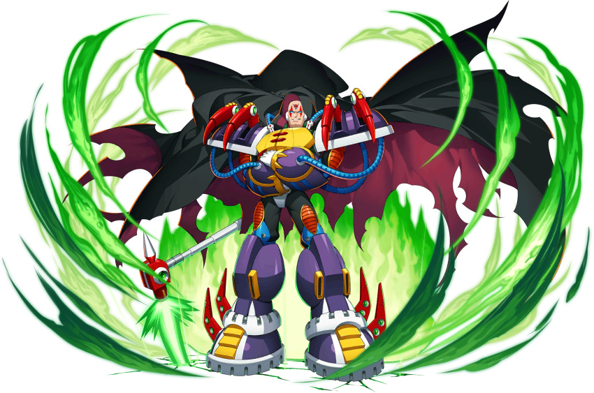 1boy android armor bald blue_eyes cape cloak facial_mark forehead_jewel highres hood hooded_cape hooded_cloak mizuno_keisuke official_art robot rockman rockman_x rockman_x4 rockman_x_dive scar scar_across_eye scythe shoulder_armor shoulder_pads sigma solo third-party_source transparent_background