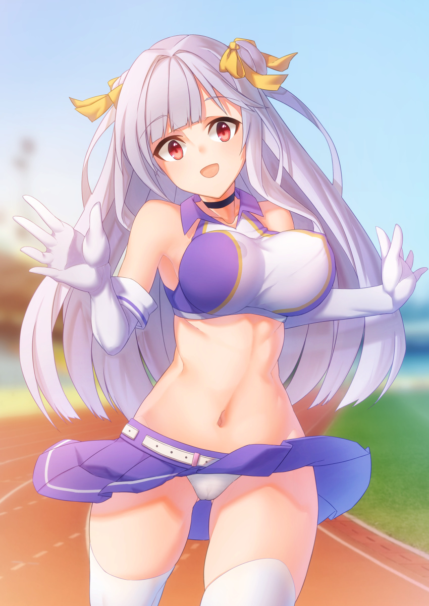 1girl :d absurdres ass_visible_through_thighs azur_lane bangs bare_shoulders belt black_choker blue_sky blurry blurry_background breasts choker collared_shirt commentary_request covered_nipples cowboy_shot crop_top cygnet_(azur_lane) cygnet_(royal_fanfare)_(azur_lane) day double_bun elbow_gloves eyebrows_visible_through_hair gloves grass groin hair_ribbon highres impossible_clothes impossible_shirt large_breasts long_hair looking_at_viewer midriff miniskirt navel open_hands open_mouth outdoors panties pantyshot purple_skirt red_eyes ribbon running shirt side_bun sidelocks skirt sky sleeveless smile solo stadium standing ten. thigh-highs track_and_field underwear white_belt white_gloves white_hair white_panties wind wind_lift yellow_ribbon
