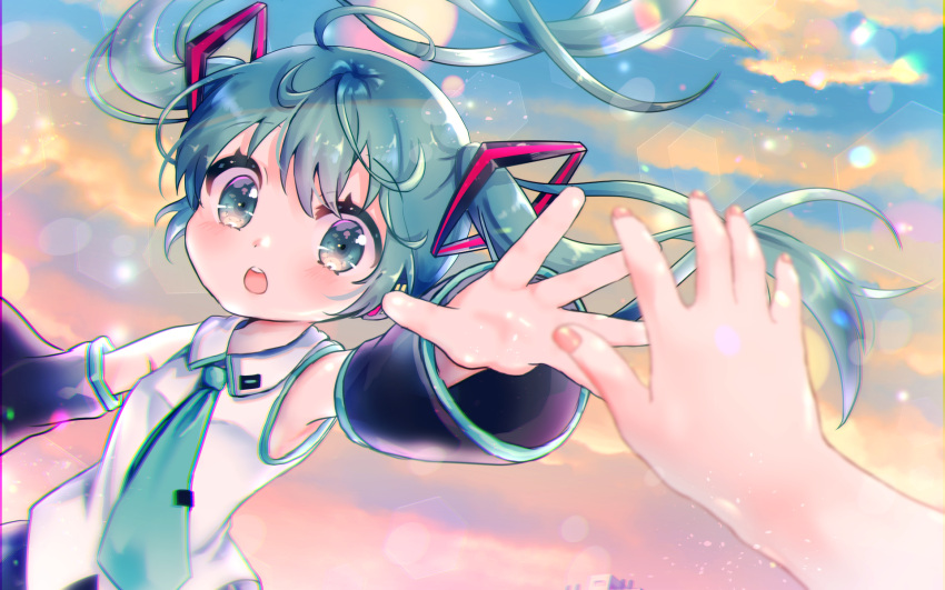 1girl :o ahoge black_sleeves blush clouds commentary detached_sleeves gradient_sky green_eyes green_hair green_neckwear hair_ornament hatsune_miku highres leaning_to_the_side lens_flare light_particles looking_at_viewer necktie open_mouth outdoors pov pov_hands reaching_out shirt sky solo suzukkyu twilight two_side_up untucked_shirt upper_body upper_teeth vocaloid white_shirt