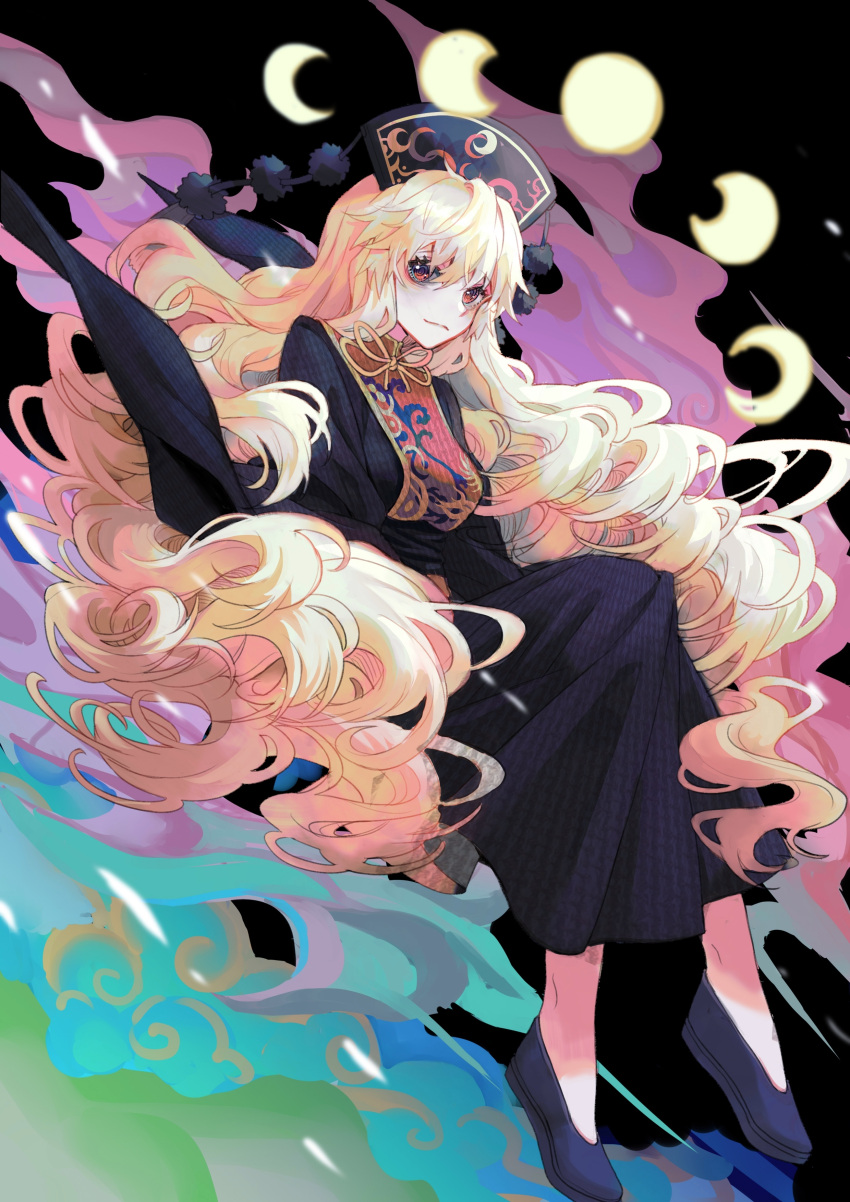 1girl 4317_(ac4882) @_@ absurdres bangs black_background black_dress black_footwear black_headwear blonde_hair breasts chinese_commentary commentary_request crescent_moon dress energy full_moon highres invisible_chair junko_(touhou) long_hair looking_at_viewer medium_breasts moon moon_phases pom_pom_(clothes) red_eyes shoes sitting solo tabard touhou wide_sleeves