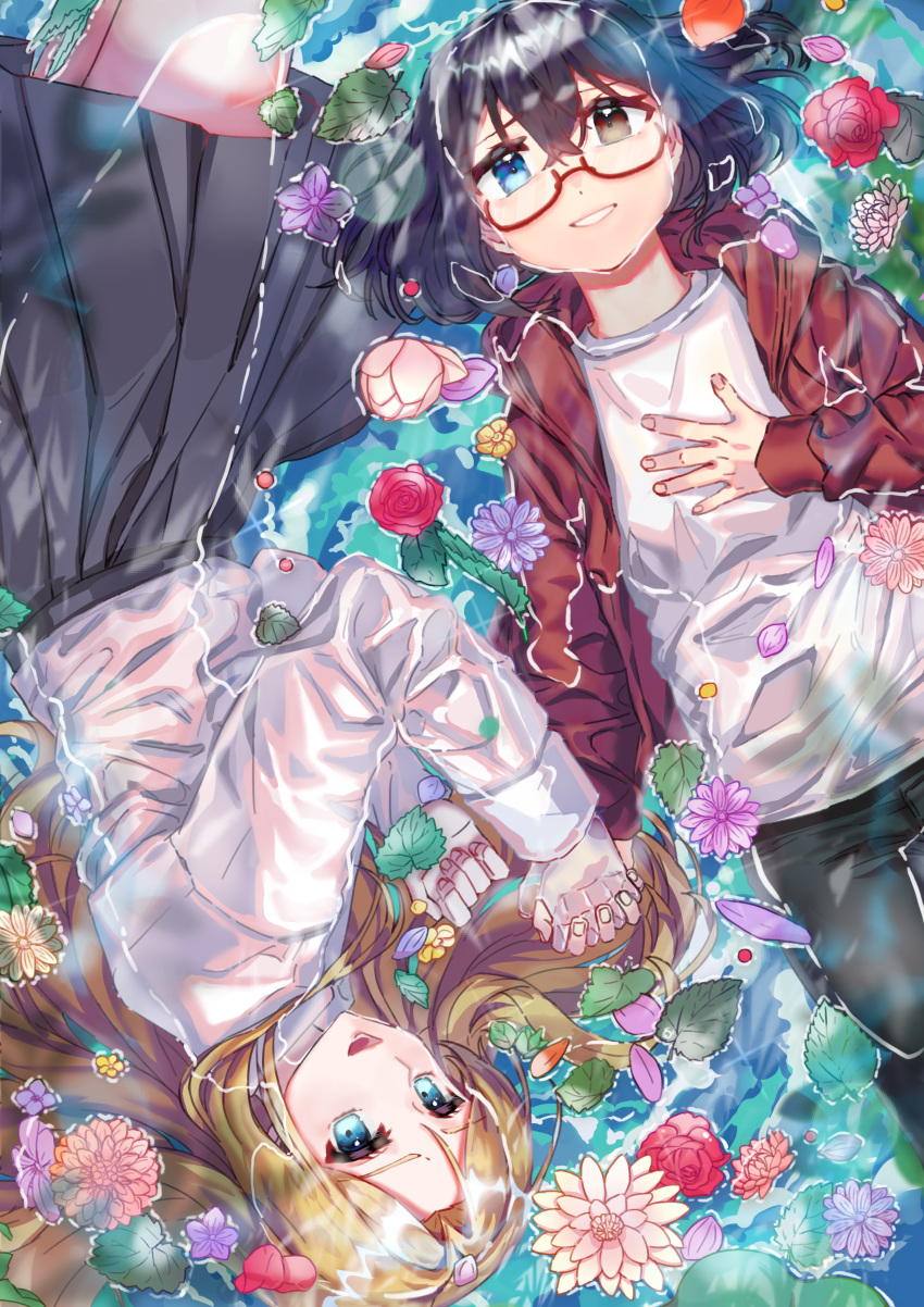 absurdres black_hair blonde_hair flower glasses hand_on_own_chest heterochromia highres holding_hands in_water interlocked_fingers jacket kamikoshi_sorao leaf long_hair lying nishina_toriko pants short_hair skirt transparent_hand upside-down urasekai_picnic uzodayo water wet wet_clothes