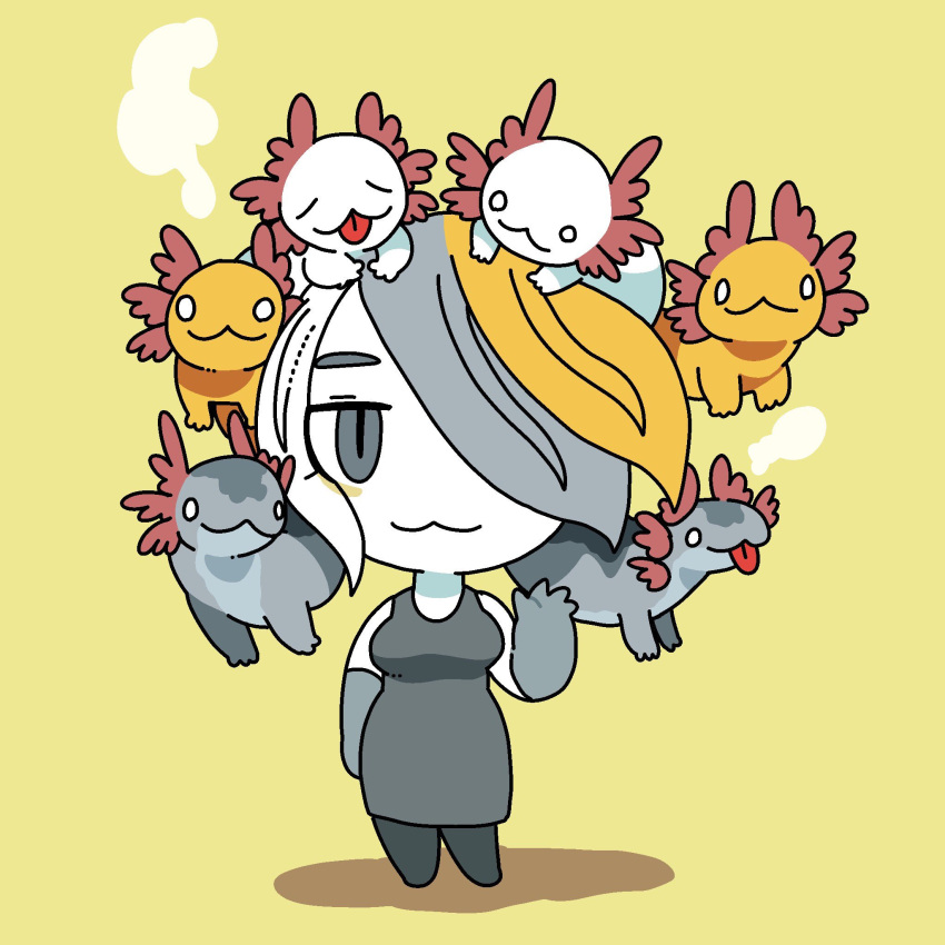 1girl axolotl blonde_hair dress elbow_gloves full_body gloves grey_dress grey_eyes grey_gloves grey_hair hair_over_one_eye highres living_hair looking_at_viewer multicolored_hair no_nose original panapana simple_background smile solo standing white_hair yellow_background