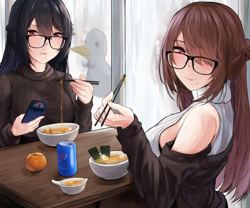 2girls absurdres black-framed_eyewear black_hair black_jacket blush braid brand_name_imitation breasts brown_hair brown_sweater can cellphone chopsticks eating food fruit ginga_elyka glasses hair_between_eyes hair_over_one_eye highres holding indoors jacket large_breasts long_sleeves looking_at_viewer looking_back mole mole_under_mouth multiple_girls noodles nori_(seaweed) off_shoulder orange original phone ramen red_eyes ribbed_sweater sitting sleeveless_sweater smartphone smile sweater table uruha_rushia window