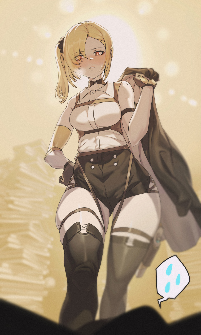 1girl absurdres arm_strap black_gloves black_shorts blonde_hair blush book boots breast_strap breasts breath bright_pupils brown_eyes gloves gun hair_over_one_eye high-waist_shorts highres holding holding_clothes holding_jacket holstered_weapon ingan-i_neomu_gangham jacket jin_rou looking_at_viewer looking_down medium_breasts mole mole_on_arm mole_on_shoulder mole_on_thigh mole_under_mouth nose_blush novel_illustration official_art parted_lips shorts side_ponytail skindentation solo spoken_sweatdrop sweatdrop thigh-highs thigh_boots thigh_strap weapon white_pupils