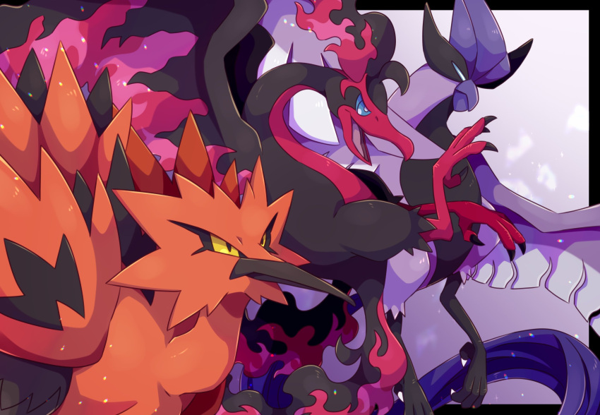 bird blue_eyes commentary_request galarian_articuno galarian_form galarian_moltres galarian_zapdos gen_8_pokemon highres ktyon3 legendary_pokemon no_humans open_mouth pokemon pokemon_(creature) talons tongue