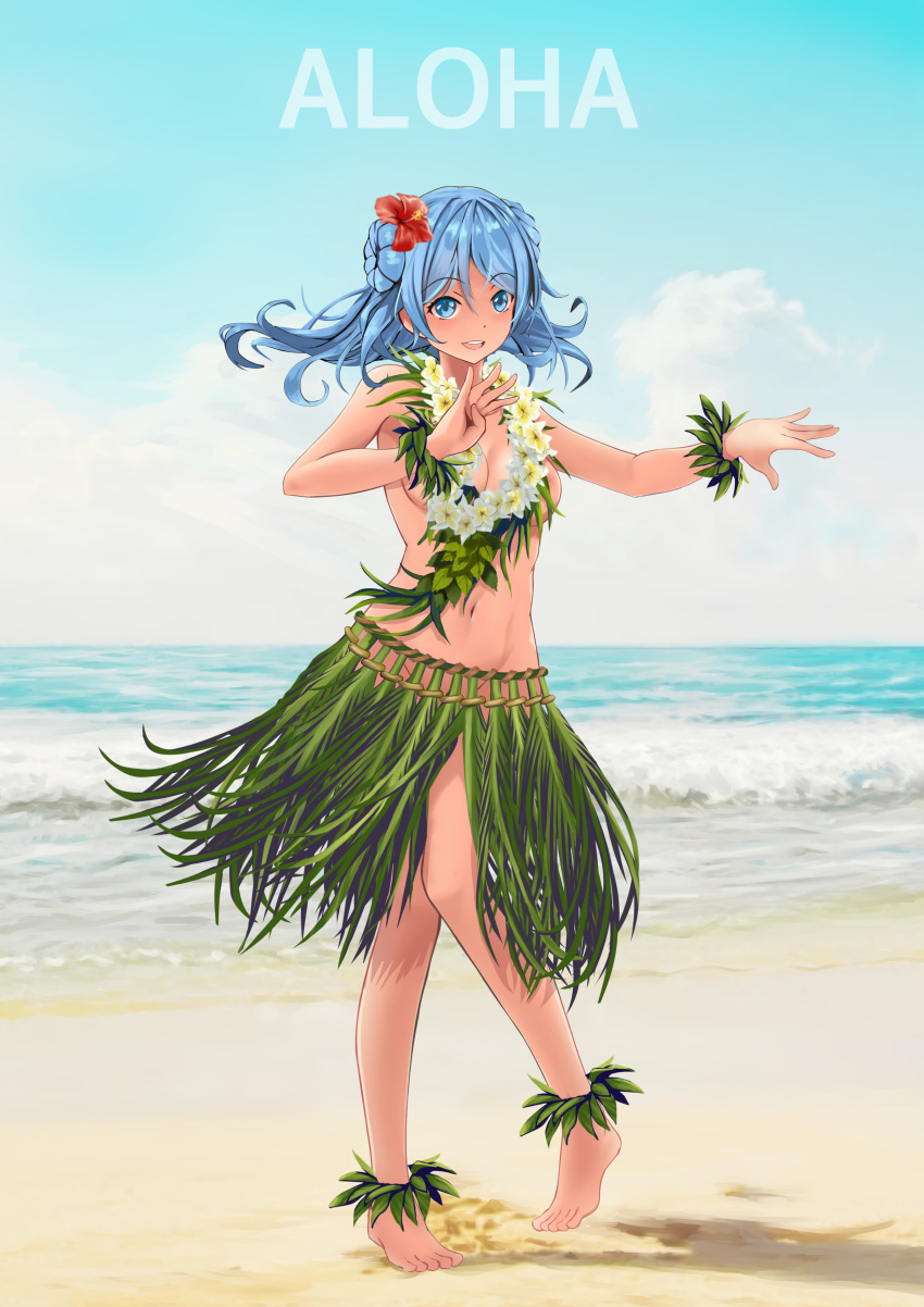 1girl absurdres barefoot beach blue_eyes blue_hair breasts flower gibun_(sozoshu) grass_skirt hair_flower hair_ornament hibiscus highres hula kantai_collection lei looking_at_viewer medium_breasts navel sand solo urakaze_(kantai_collection) water