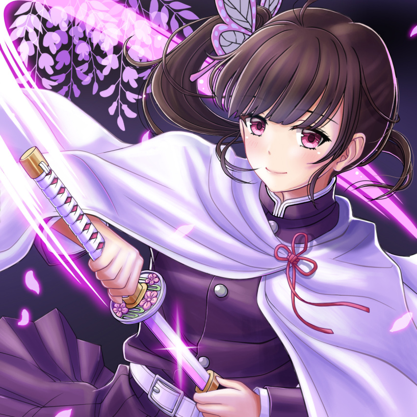 1girl bangs brown_hair butterfly_hair_ornament closed_mouth eyebrows_visible_through_hair floating_hair hair_ornament highres holding holding_sheath holding_sword holding_weapon jacket jet-hiroya katana kimetsu_no_yaiba long_hair long_sleeves petals pink_eyes pleated_skirt purple_jacket purple_skirt red_ribbon ribbon sheath shiny shiny_hair side_ponytail skirt smile solo sword tsuyuri_kanao unsheathing weapon