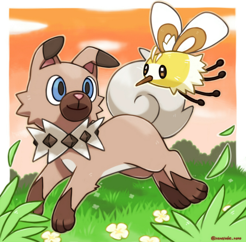 animal_focus artist_name blue_eyes brown_eyes brown_outline closed_mouth clouds commentary cutiefly eye_contact flower from_side full_body gen_7_pokemon gradient_sky grass happy highres jumping looking_at_another no_humans orange_sky outline pokemon pokemon_(creature) rockruff rorosuke running sky smile sunset twitter_username white_flower