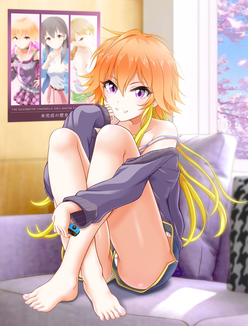 1girl absurdres bangs barefoot blonde_hair blue_shorts collarbone copyright_name day dolphin_shorts eva_16-gouki eyebrows_visible_through_hair full_body grin hair_between_eyes highres holding idolmaster idolmaster_cinderella_girls indoors long_hair multicolored_hair ninomiya_asuka nintendo_switch off_shoulder orange_hair panties pantyshot purple_sweater shiny shiny_hair short_shorts shorts sitting smile solo sweater two-tone_hair underwear upshorts very_long_hair violet_eyes white_panties