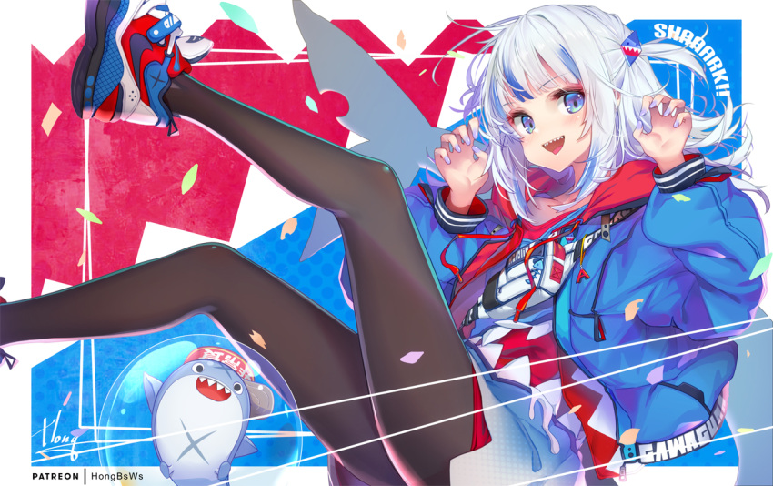 1girl :d alternate_costume artist_name bangs black_legwear bloop_(gawr_gura) blue_eyes blue_hair blue_jacket blush border claw_pose commentary fangs fish_tail foot_out_of_frame from_side gawr_gura hair_ornament hands_up hololive hololive_english hong_(white_spider) hood hood_down jacket leg_up long_hair long_sleeves looking_at_viewer multicolored_footwear multicolored_hair nail_polish open_clothes open_jacket open_mouth pantyhose puffy_long_sleeves puffy_sleeves red_jacket shark_hair_ornament shark_tail sharp_teeth shirt shoes signature smile sneakers streaked_hair tail teeth two-sided_fabric upper_teeth virtual_youtuber white_border