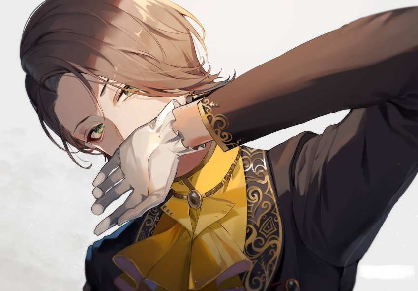 1boy brooch brown_hair covered_mouth covering_mouth eyebrows_behind_hair gloves green_eyes hand_over_own_mouth highres jewelry light_brown_hair light_particles long_sleeves original shirt short_hair simple_background solo suit_jacket tarou_to_hana_ko white_gloves yellow_shirt