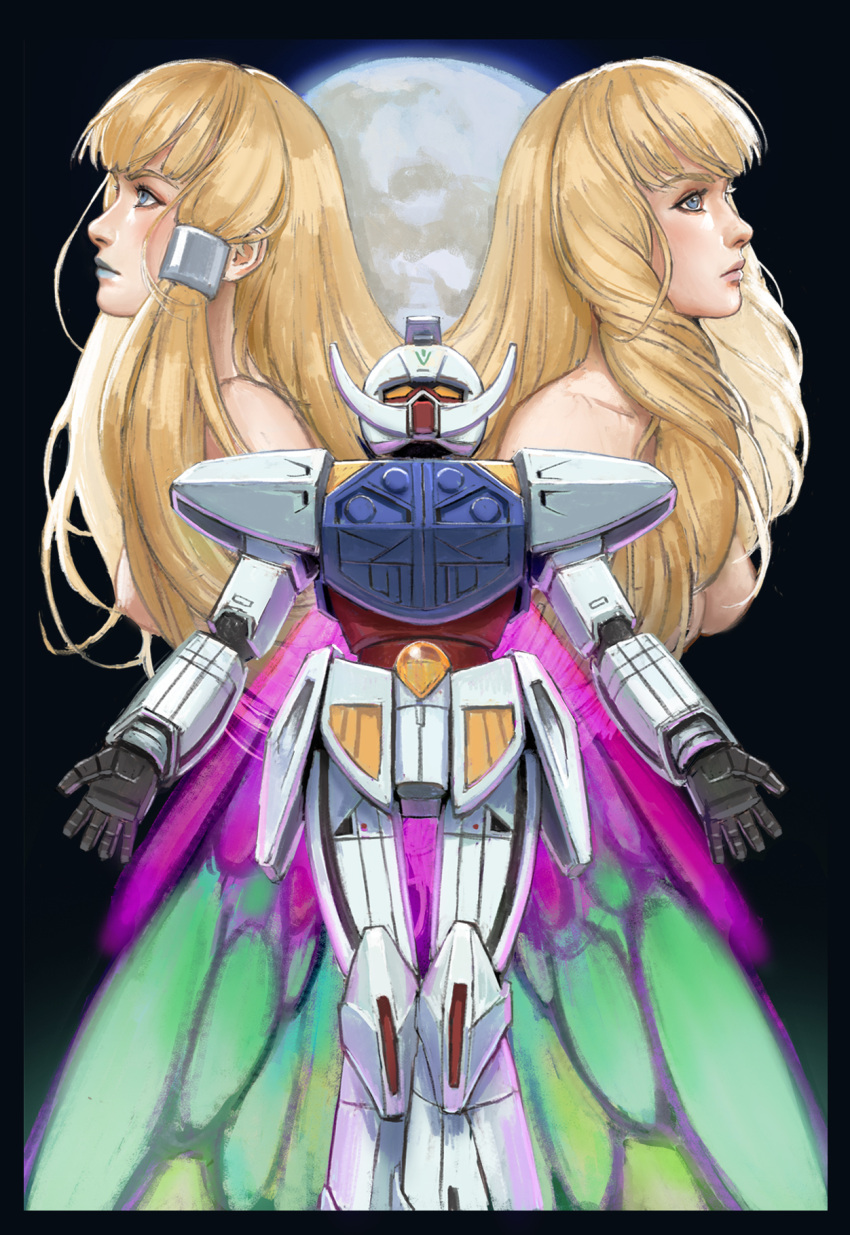 2girls black_background black_border blonde_hair blue_eyes blue_lips border breasts dianna_soreil gundam highres kihel_heim look-alike looking_up mecha medium_breasts moon multiple_girls nekkikamille no_nipples open_hands science_fiction space turn_a_gundam turn_a_gundam_(mobile_suit) upper_body yellow_eyes