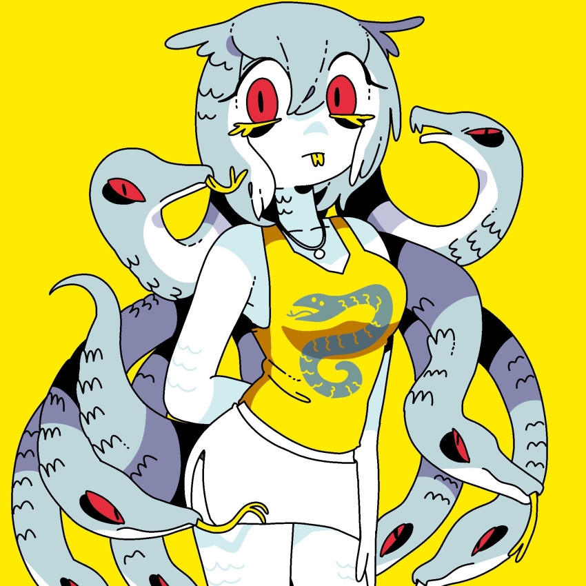 1girl arm_behind_back forked_tongue gorgon grey_hair highres jewelry living_hair long_hair looking_at_viewer necklace original panapana print_shirt red_eyes scales shirt simple_background skirt snake snake_hair solo tank_top tongue tongue_out very_long_hair white_skirt yellow_background yellow_tank_top