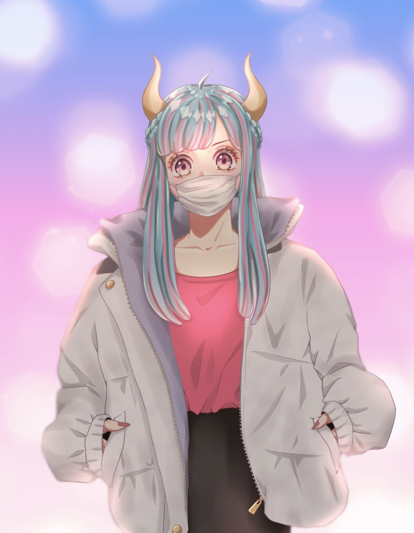 1girl braid coat curled_horns hands_in_pockets highres horns long_hair mask mouth_mask multicolored_hair nail_polish one_piece pink_eyes solo ulti_(one_piece) white_coat