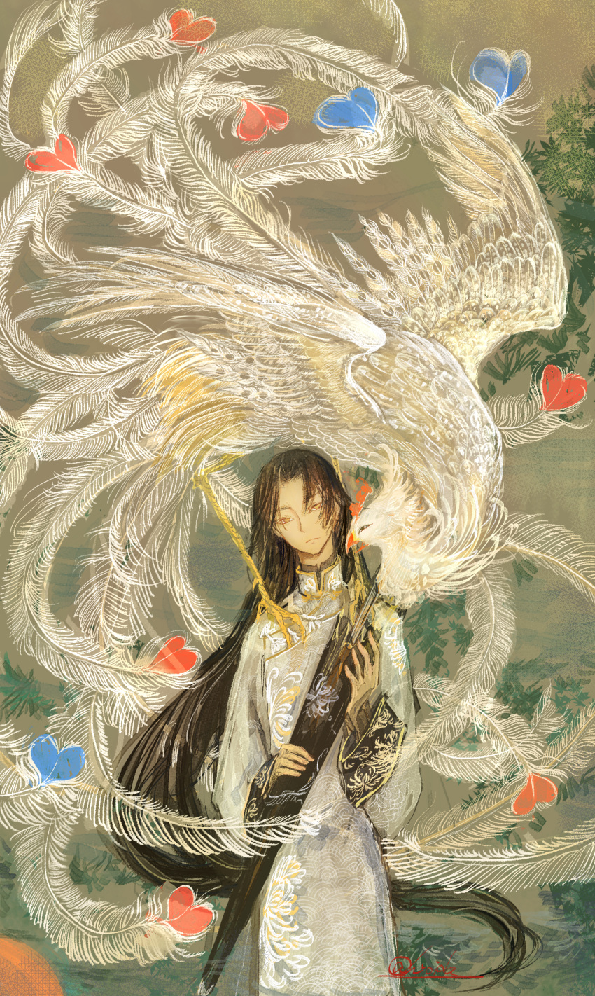 1boy bird black_hair character_request feathers highres holding identity_v leaf long_hair long_sleeves signature solo tyako2136 upper_body very_long_hair yellow_eyes