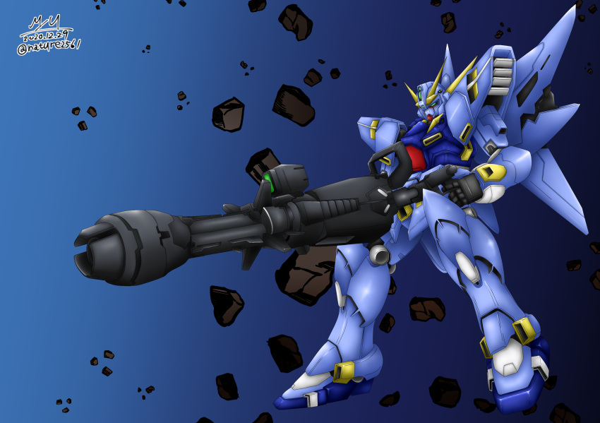 artist_name dated floating green_eyes gun highres holding holding_gun holding_weapon huckebein looking_down mecha myu_(nature256) no_humans science_fiction solo space super_robot_wars super_robot_wars_original_generation v-fin weapon