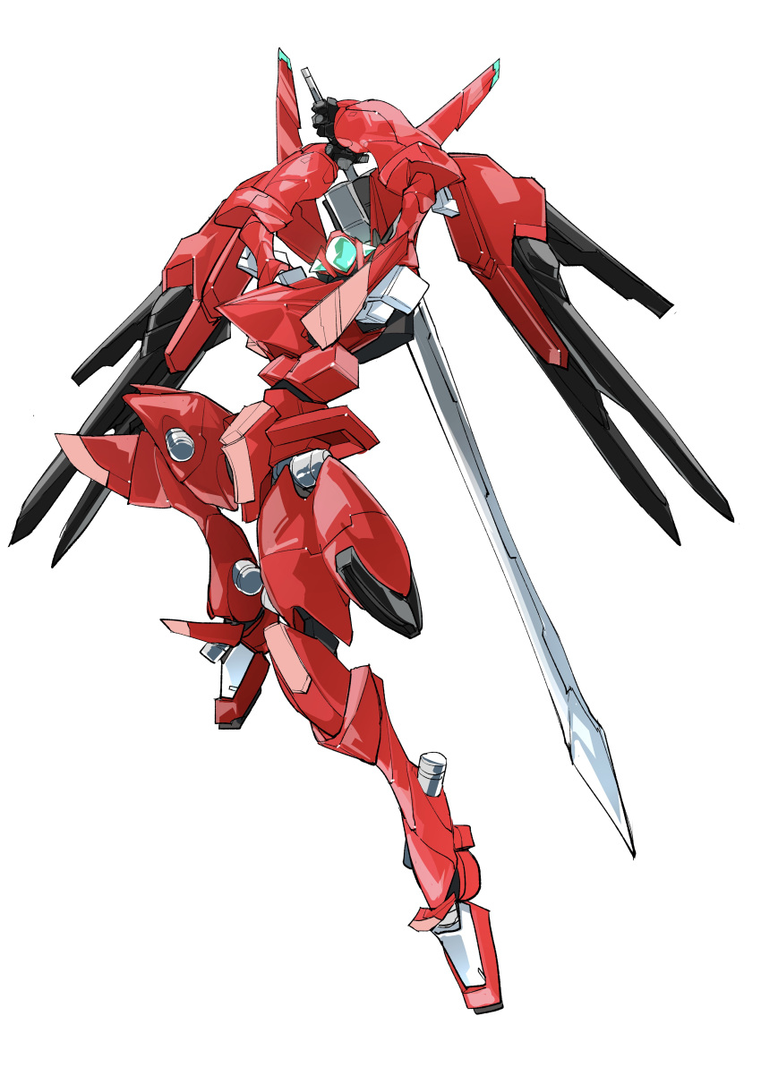 absurdres highres holding holding_sword holding_weapon jumping looking_down mark_dreizehn mecha mechanical_wings no_humans pochi_(askas_is_god) science_fiction solo soukyuu_no_fafner sword visor weapon white_background wings