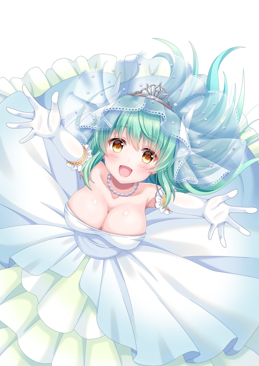 armpit_crease armpit_peek armpits blush bouquet breasts bridal_gauntlets bridal_veil bride dress fate/grand_order fate_(series) flower frilled_dress frilled_skirt frills gauntlets green_hair hand_up highres image_sample jewelry kiyohime_(fate/grand_order) lace large_breasts long_dress long_skirt medium_breasts necklace open_mouth pearl_(gemstone) pearl_necklace petals short_hair skirt sleeveless sleeveless_dress smile suzumia_(daydream) twitter_sample veil wedding wedding_dress white_dress white_skirt yellow_eyes