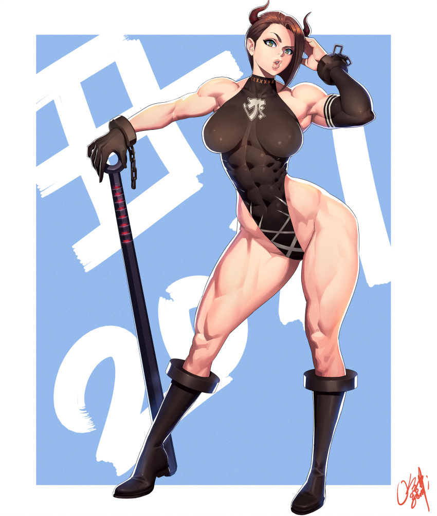 1girl 2021 abs absurdres black_footwear boots breasts brown_eyes brown_hair chinese_zodiac commentary_request gloves highleg highleg_swimsuit highres horns knee_boots looking_at_viewer muscular muscular_female ogami original short_hair single_glove solo swimsuit weapon_request year_of_the_ox