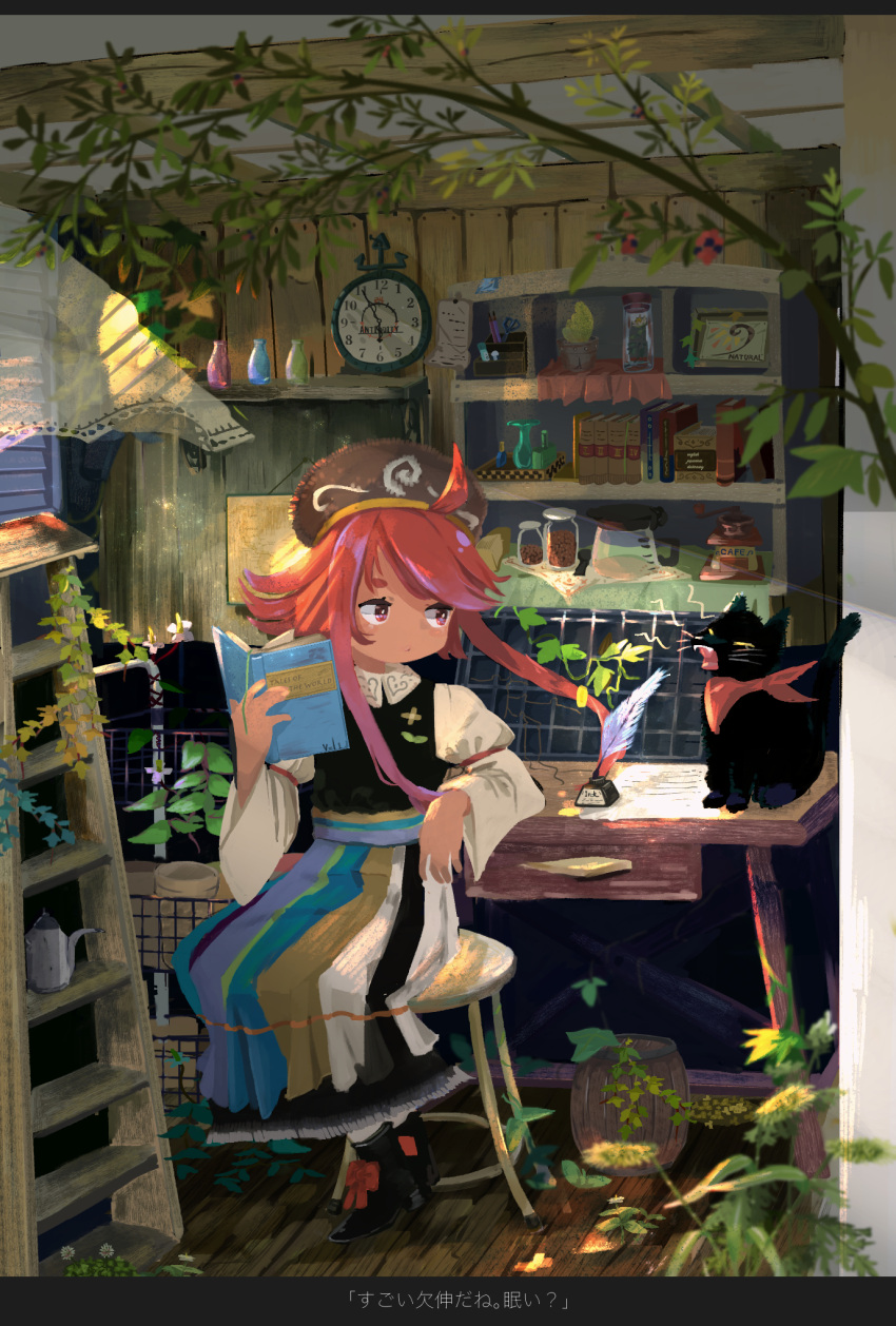 1girl book bookshelf bottle cat clock commentary_request hat highres holding holding_book indoors inkwell long_sleeves original plant quill red_eyes redhead ryu_(17569823) short_hair_with_long_locks sitting translation_request wall_clock yawning
