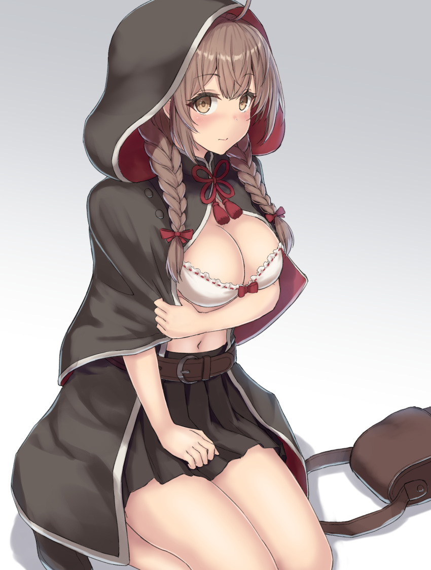 1girl belt black_capelet black_skirt bra braid breasts brown_belt brown_hair capelet highres hood hood_up hooded_capelet kantai_collection large_breasts long_hair miniskirt monoku navel pleated_skirt red_ribbon ribbon shinshuu_maru_(kantai_collection) skirt solo twin_braids underwear white_bra