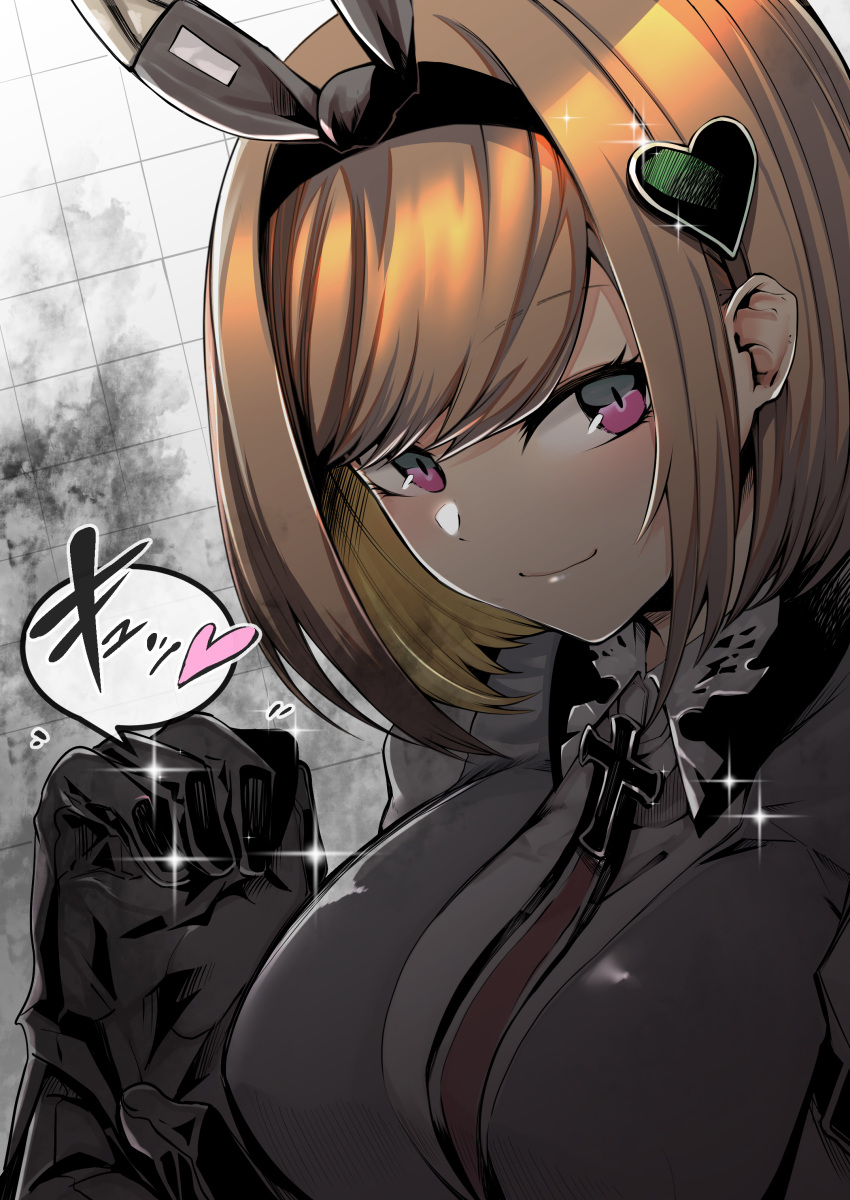 1girl absurdres ash_arms bf_109_e4_(ash_arms) black_gloves breasts brown_hair commentary_request gloves hair_ornament headband heart heart_hair_ornament highres iron_cross ku-ba large_breasts looking_at_viewer necktie portrait short_hair simple_background smile solo violet_eyes