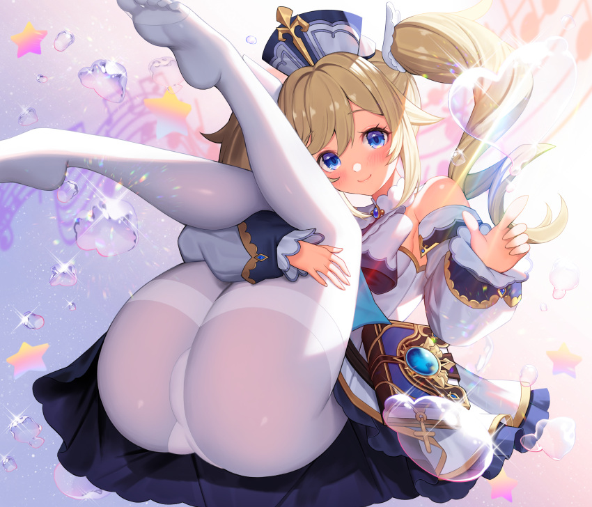 1girl absurdres arm_up ass bangs barbara_(genshin_impact) bare_shoulders blonde_hair blue_eyes blush book breasts bubble detached_sleeves dress drill_hair eyebrows_visible_through_hair feet genshin_impact hair_ornament hat heart_bubbles highres huge_filesize leg_grab long_hair long_sleeves looking_at_viewer no_shoes pantyhose simple_background small_breasts smile soles solo sparkle star_(symbol) thighband_pantyhose thighs toes twin_drills twintails water white_dress white_headwear white_legwear yuri_(chocho_q)