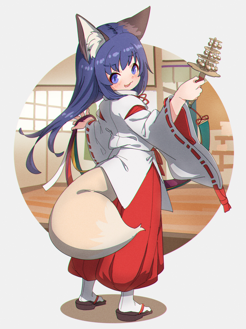 1girl animal_ear_fluff animal_ears bangs bell blue_eyes blue_hair blush borrowed_character brown_footwear eyebrows_visible_through_hair fox_ears fox_girl fox_tail hakama_pants highres holding japanese_clothes jingle_bell kagura_suzu kimono kuro_kosyou long_hair long_sleeves looking_at_viewer looking_back original pants red_pants ribbon-trimmed_sleeves ribbon_trim socks solo tabi tail very_long_hair white_kimono white_legwear wide_sleeves zouri