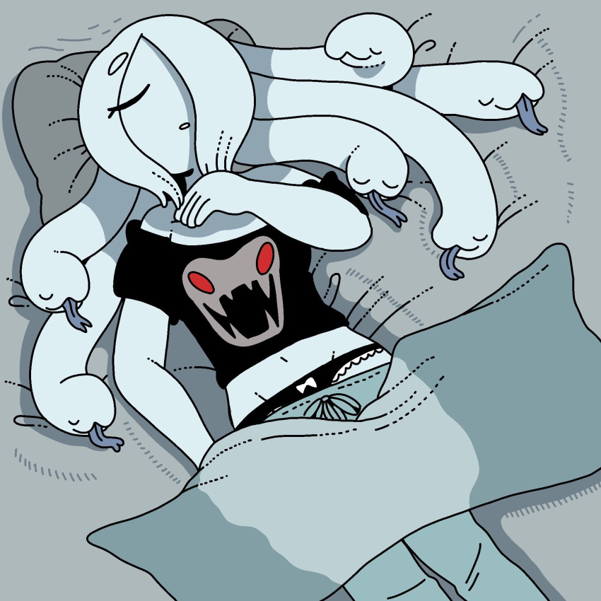 1girl aqua_pants black_panties black_shirt closed_eyes eyebrows_visible_through_hair gorgon hair_over_one_eye hand_up highres living_hair long_hair lying off-shoulder_shirt off_shoulder on_back original panapana panties peone_(panapana) pillow print_shirt shirt short_sleeves sleeping snake_hair solo underwear white_hair