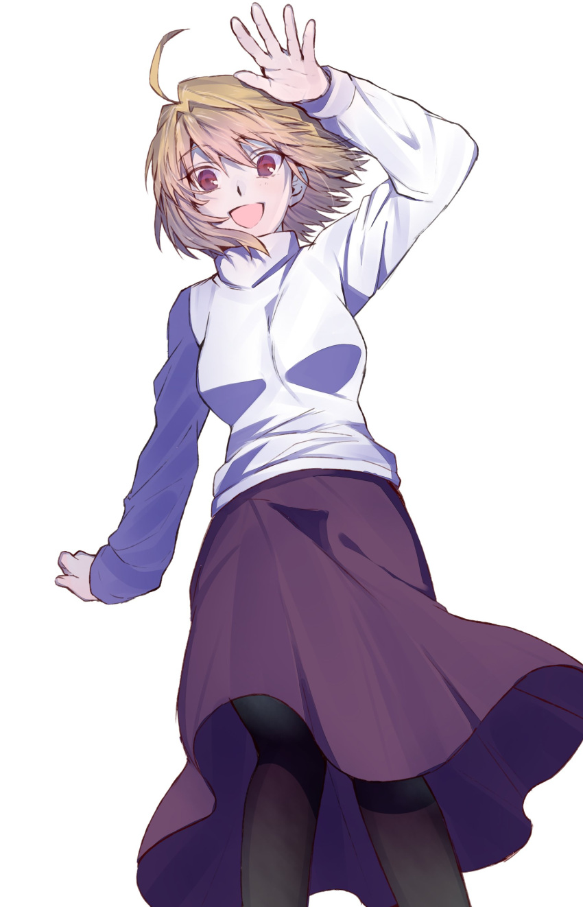 1girl absurdres arcueid_brunestud arm_up black_legwear blonde_hair breasts creat highres jewelry long_skirt looking_at_viewer melty_blood open_mouth pantyhose purple_skirt red_eyes short_hair skirt smile solo sweat tsukihime tsukihime_(remake)