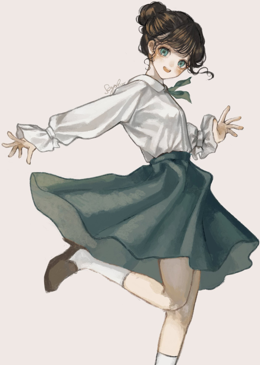 1girl bangs brown_footwear brown_hair collared_shirt green_neckwear green_skirt hair_bun highres leg_up long_sleeves original sayosny2 shirt shirt_tucked_in shoes simple_background skirt socks solo white_background white_legwear white_shirt