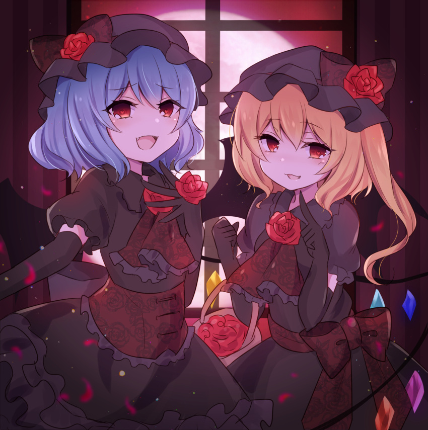 2girls bat_wings black_dress black_headwear blonde_hair blue_hair blush bow dress fangs feet_out_of_frame flandre_scarlet flower flower_basket hand_over_heart highres multiple_girls open_mouth pointing red_bow red_eyes red_sky remilia_scarlet rose sky subaru_(subachoco) touhou window wings