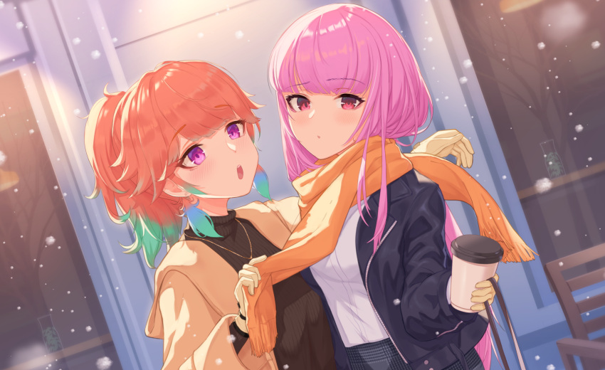 2girls alternate_costume blush coat cup disposable_cup dutch_angle eyebrows_visible_through_hair gloves highres holding holding_cup hololive hololive_english jacket looking_at_another makamati mori_calliope multiple_girls open_mouth orange_hair parted_lips pink_hair scarf snowing takanashi_kiara upper_body virtual_youtuber winter winter_clothes