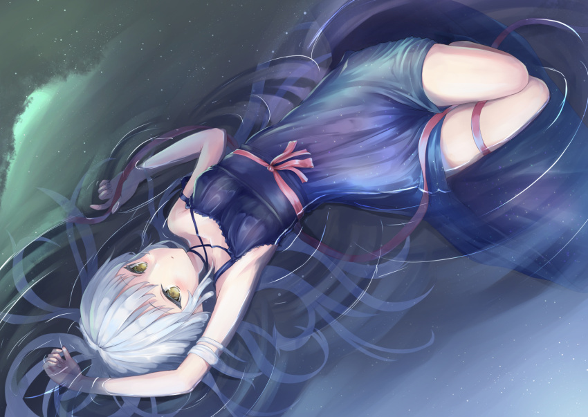 1girl arms_up bangs blush breasts choker eyebrows_visible_through_hair floating_hair highres looking_at_viewer lying open_mouth original parufeito red_ribbon ribbon short_hair sidelocks small_breasts solo starry_sky_print thigh-highs water water_surface white_hair yellow_eyes