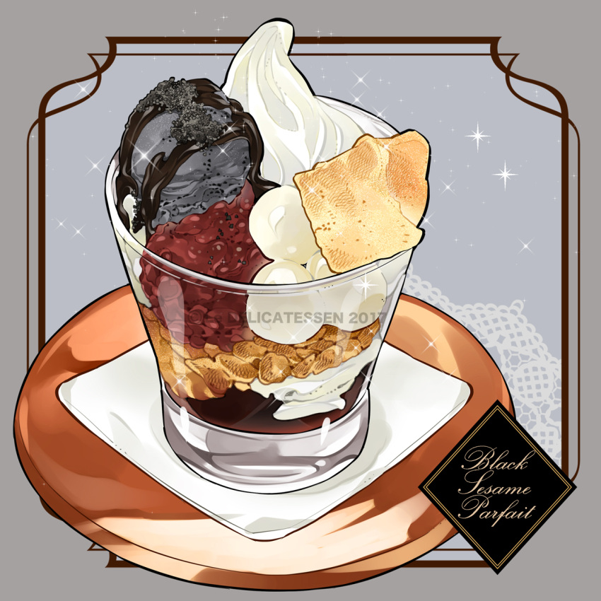 2017 artist_name chocolate chocolate_syrup commentary_request cream cup dated dessert diamond_(shape) doily english_text food food_focus fruit glass grey_background highres ice_cream le_delicatessen napkin no_humans original parfait plate raspberry reflection sesame_seeds shiny sparkle still_life watermark