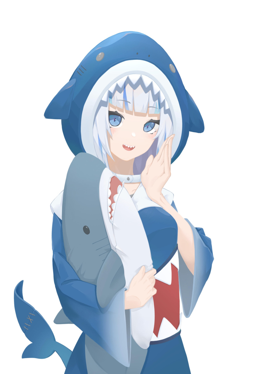 1girl absurdres animal_costume animal_hood bangs blue_eyes blue_hair blue_hoodie blunt_bangs fish_tail gawr_gura highres hololive hololive_english hood hoodie ikea_shark looking_at_viewer multicolored_hair open_mouth shark_costume shark_girl shark_hood shark_tail sharp_teeth smile solo streaked_hair stuffed_animal stuffed_shark stuffed_toy tail teeth virtual_youtuber yueyue_no_hand