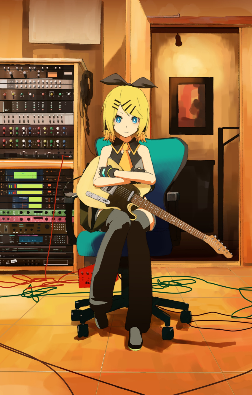 1girl absurdres amplifier_(instrument) bangs bare_shoulders black_bow black_gloves black_legwear black_star_(module) blonde_hair blue_eyes bow cable chair commentary crossed_arms d_futagosaikyou electric_guitar fingerless_gloves full_body gloves guitar hair_bow hair_ornament hairclip highres holding holding_instrument indoors instrument kagamine_rin light_smile looking_at_viewer office_chair painting_(object) project_diva_(series) recording_studio shirt short_hair sitting sleeveless sleeveless_shirt smile solo swept_bangs telecaster thigh-highs vocaloid yellow_neckwear