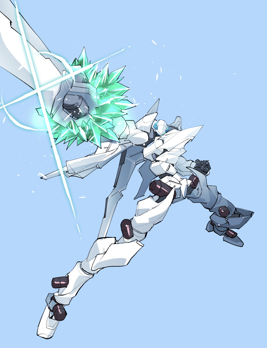 absurdres blue_background clenched_hands crystal dynamic_pose highres holding holding_sword holding_weapon looking_at_viewer mark_sein mecha no_humans pochi_(askas_is_god) science_fiction solo soukyuu_no_fafner sword visor weapon