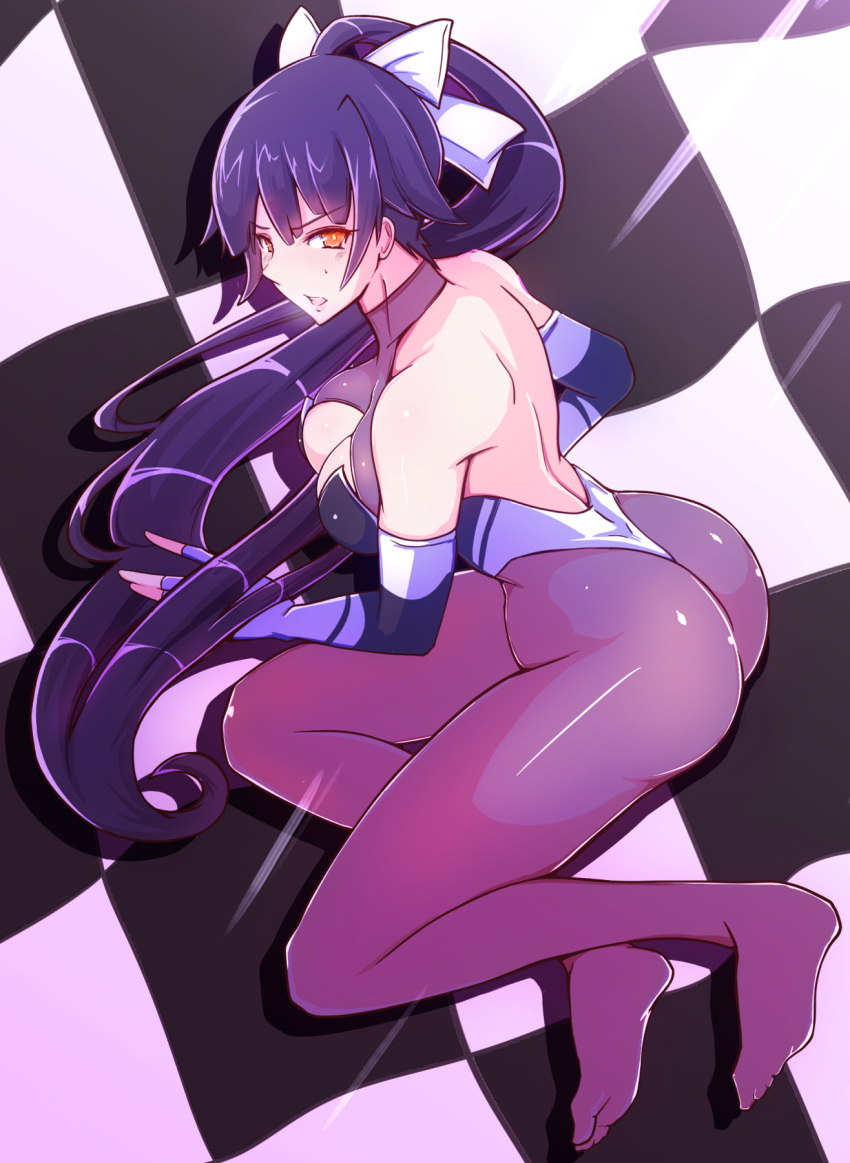 1girl ass azur_lane black_hair black_legwear bodystocking bow brown_eyes checkered checkered_background commentary_request full_body gel_(guyver123) hair_flaps highres long_hair lying multicolored_leotard on_side one-piece_thong pantyhose ponytail racequeen solo takao_(azur_lane) takao_(full_throttle_charmer)_(azur_lane) two-tone_leotard white_bow