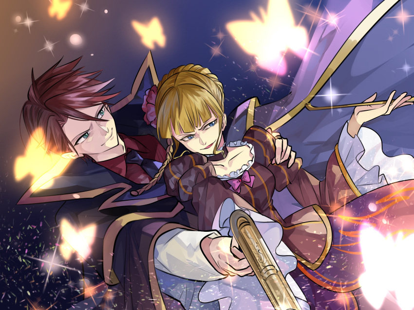 1boy 1girl bangs beatrice_(umineko) black_neckwear blonde_hair blue_eyes bug butterfly choker cloak closed_mouth collared_shirt dress flower frilled_choker frilled_sleeves frills green_eyes gun hair_bun hair_flower hair_ornament hand_on_another's_shoulder highres holding holding_gun holding_pipe holding_weapon insect jewelry juliet_sleeves light_particles long_sleeves necktie open_mouth pink_ribbon pipe puffy_sleeves red_shirt redhead ribbon ring shirt short_hair smile spoilers striped umineko_no_naku_koro_ni ushiromiya_battler visible_ears weapon wide_sleeves xiaochong