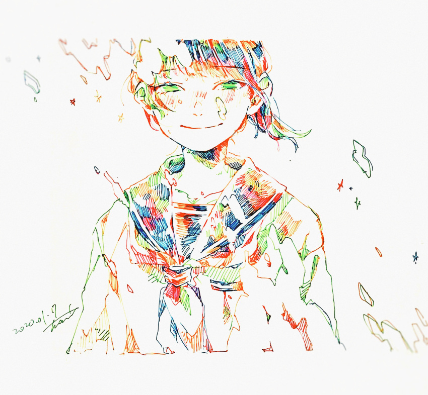 1girl absurdres bangs colorful cropped_torso dated green_eyes hatching_(texture) highres looking_at_viewer neckerchief original sailor_collar school_uniform serafuku signature smile solo star_(symbol) tmari traditional_media upper_body white_background