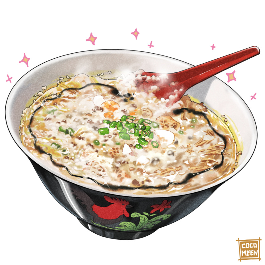 artist_name bird bowl chicken egg fish flower food food_focus hard-boiled_egg highres nanashi_(freshman) no_humans original porridge rice simple_background soup spoon steam