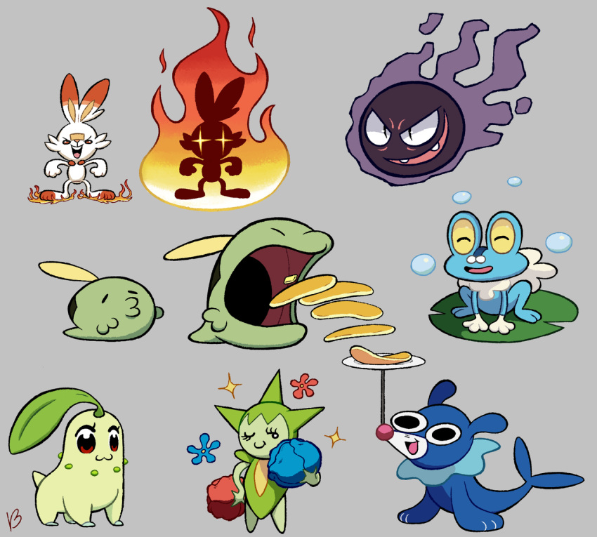 :3 aqua_skin black_eyes blue_skin body_fur bubble butter chikorita closed_eyes closed_mouth colored_sclera colored_skin creature eyelashes fangs fire flower food froakie full_body gen_2_pokemon gen_3_pokemon gen_6_pokemon gen_7_pokemon gen_8_pokemon green_skin grey_background gulpin happy lily_pad looking_at_viewer no_humans one_eye_closed open_mouth pancake plate pokemon pokemon_(creature) popplio purple_skin red_eyes rose roselia roxlyn166 scorbunny signature simple_background smile sparkle standing starter_pokemon white_fur yellow_sclera