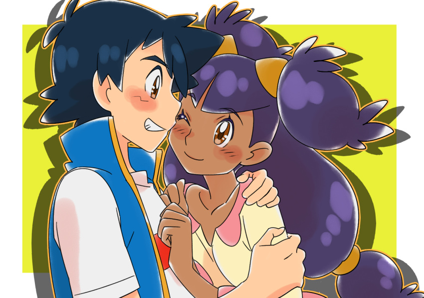 1boy 1girl amada ash_ketchum ash_ketchum_(cosplay) black_hair blush brown_eyes cosplay dark_skin dark-skinned_female iris_(pokemon) long_hair pokemon pokemon_(anime) pokemon_swsh_(anime) purple_hair smile