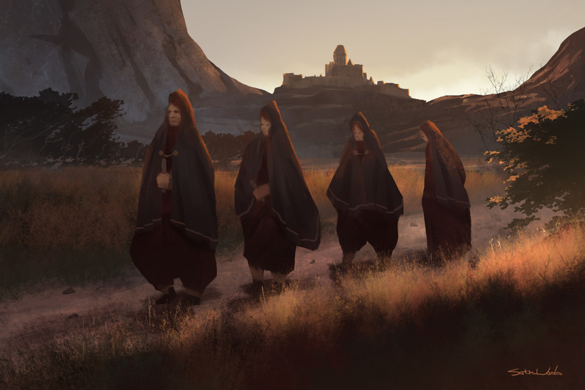 4others black_cloak black_footwear brown_hair bush castle cloak closed_mouth commentary_request day fantasy full_body holding hood hood_up mountain multiple_others original path satoru_wada scenery signature tree walking yellow_sky