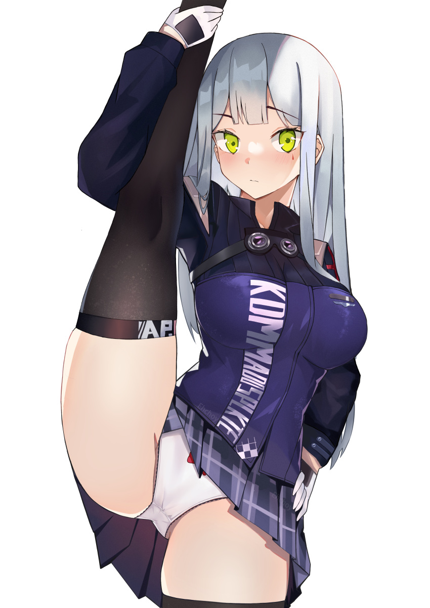 1girl absurdres bangs blunt_bangs blush bow bow_panties breasts echo_(ehchoy) facial_mark flexible girls_frontline gloves green_eyes highres hk416_(girls_frontline) jacket large_breasts leg_lift leg_up long_hair long_sleeves looking_at_viewer panties silver_hair skirt solo split standing standing_on_one_leg standing_split straight_hair thigh-highs thighs underwear white_background white_panties