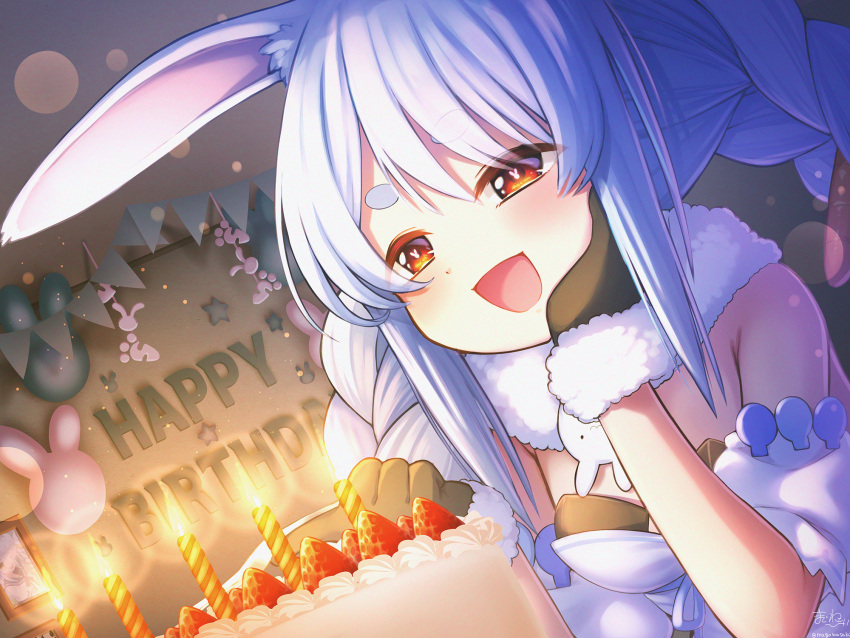 1girl :d animal_ear_fluff animal_ears bangs bare_shoulders birthday birthday_cake black_gloves blue_hair blue_ribbon blurry bokeh bra braid breasts cake candle carrot_hair_ornament depth_of_field detached_sleeves don-chan_(usada_pekora) dress dutch_angle eyebrows_visible_through_hair food food_themed_hair_ornament fur_scarf fur_trim gloves hair_ornament hand_on_own_cheek hand_on_own_face highres hololive lens_flare long_hair looking_ahead magowasabi open_mouth puffy_short_sleeves puffy_sleeves rabbit_ears ribbon short_sleeves small_breasts smile solo twin_braids twintails underwear upper_body usada_pekora virtual_youtuber white_dress