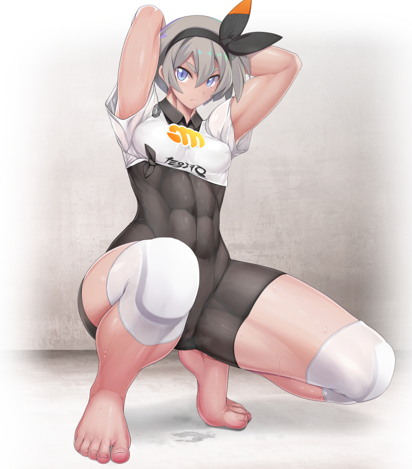 1girl abs absurdres arms_behind_head arms_up bangs barefoot bea_(pokemon) black_bodysuit black_hairband blue_eyes blush bodysuit bodysuit_under_clothes bow_hairband breasts closed_mouth collared_shirt covered_navel dark_skin dark-skinned_female feet grey_hair gym_leader hair_between_eyes hairband highres knee_pads long_hair looking_at_viewer muscular muscular_female pokemon pokemon_(game) pokemon_swsh ruton-niki shirt short_hair short_sleeves small_breasts squatting sweat thighs tied_shirt toned white_shirt